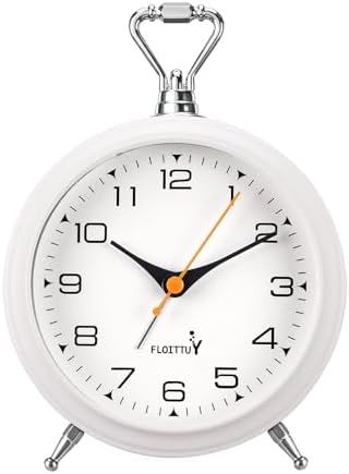FLOITTUY 4.5" Battery Operated Antique Retro Analog Metal Alarm Clock, Silent Bedside Desk Clock, Wall-Hanging Vintage Clock(White) by FLOITTUY