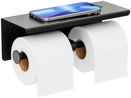 Double Toilet Paper Holder with Shelf, Wall Mount Tissue Roll Holder for Bathroom, 304 Stainless Steel Commercial Toilet Paper Dispenser with Phone Shelf, Matte Black by SmallDetailMakeABigImpact