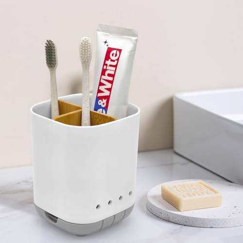 Toothbrush Holder with Bamboo Divider,Detachable for Easy Cleaning Bathroom Countertop Organizer,Plastic 3 Slots Electric Toothbrush and Toothpaste Holders Storage Caddy for Bathroom Vanity,Sink(Grey) - Image 2
