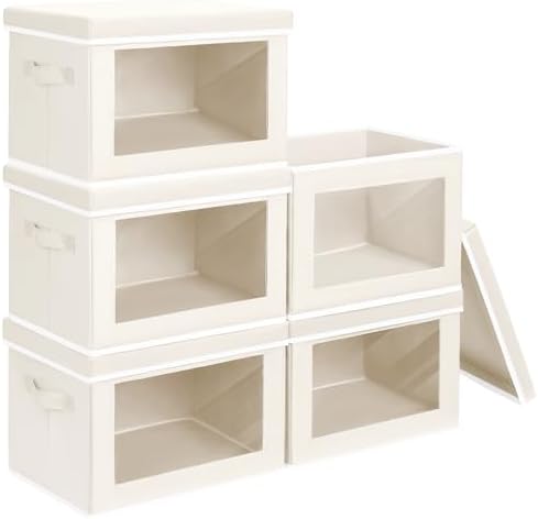 Homsorout Storage Bins with Lids - Large Decorative Basket with Lids, Fabric Foldable Closet Organizer Bins, Stackable Shelf Organizer for Living Room, Dorm, 5 Pack, Beige by Homsorout