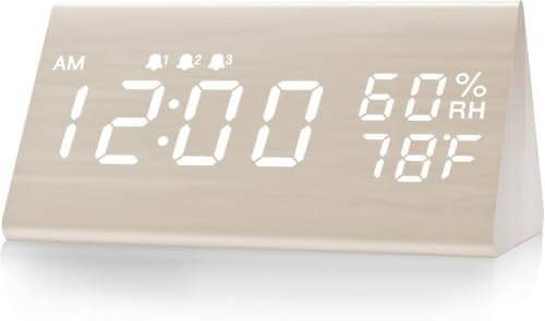 JALL Wooden Digital Alarm Clock for Bedrooms and Office, 3 Alarms with Big Digits, Humidity and Temperature Display, 6-Level Dimmer, Snooze, Loud Desk Clock for Heavy Sleepers, Plug in (White) by JALL