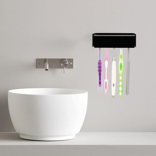 5 Slots Wall Mount Toothbrush Holder with Cover, Self Adhesive Toothbrush Storage Organizer for Shower, Toothbrush Hanger for Bathroom, Medicine Cabinet, Dorm (Black) - Image 4