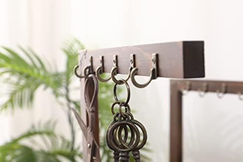 Wood Entryway Tabletop Key Holder Rack，Rustic Burnt Decorative Organizer with Storage Tray and Brass Tone Hooks，Jewelry Key Stand Hanging Organizer - Image 3