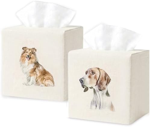 Square Tissue Box Cover Cute Set of 2, Dog - Ivory by EmbroideryLinenVN