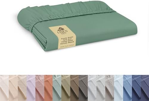 Linen Home 100% Cotton Percale Twin Size Fitted Sheet only, Frosty Green by LINENHOME