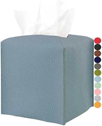 Tissues Cube Boxes Cover Leather – with Bottom Belt [JESMINI, Dark Pastel Blue] Stylish Leather Tissue Cube Box Holder Decorative for Bathroom Vanity Countertop/Night Stands/Office Desk by JESMINI