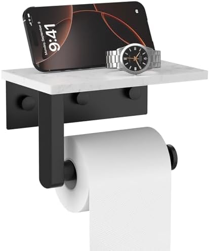 Matte Black Toilet Paper Holder with Marble Shelf Tissue Roll Holder by BATHLAVISH