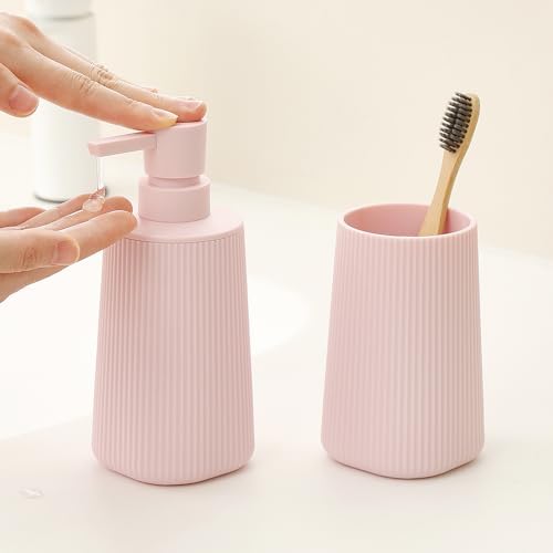 YAUKPH Bathroom Soap Dispenser and Toothbrush Holder Striped Pink - Image 2