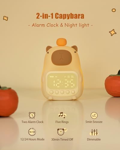 Capybara Alarm Clock for Kids, Cute Kid Night Light Toddler Alarm Clocks - Image 2