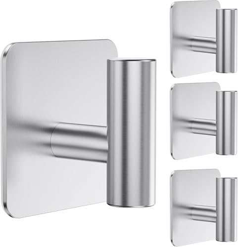 Aikzik 4 Pack Large Heavy Duty Wall Hooks - 26lb Max, Stainless Steel Adhesive Towel Hook, Shower Hooks for Hanging Towel, Coat, Robe, Wall Hook for Use in Bathroom, Kitchen and Door by Aikzik