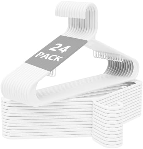 White Plastic Hangers 24 Pack with Non-Slip Built-in Strap Hooks by UEAKPIC