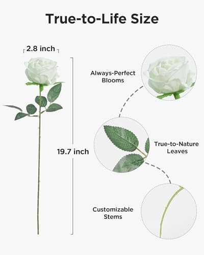 InnoGear White Roses Artificial Flowers 50 Pcs Fake Velvet Silk Rose Floral - Image 2