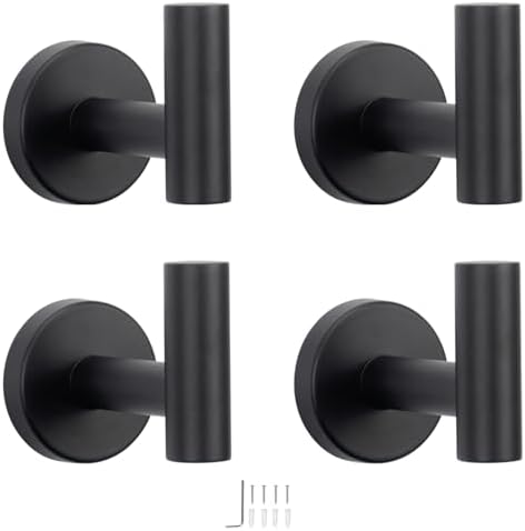 NearMoon Bath Towel Hooks- SUS 304 Stainless Steel Robe Hook Holder, Heavy Duty Coat Hook for Bathroom Livingroom Hotel Kitchen Garage, Wall Mounted (Matte Black, 4 Pack) by NearMoon