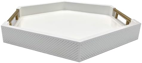 Serving Tray with Polished Metal Handles, Hexagon Coffee Table Tray, Modern Rectangle Decorative Tray, Large Ottoman Tray, Perfect for Storage and Display (White Hexagon) - Image 3