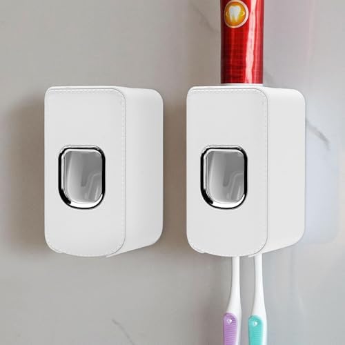 2 Slot Toothbrush Holder and Toothpaste Dispenser Wall Mounted, Automatic Toothpaste Squeezer, 2 in 1 Tooth Brush Toothpaste Organizer for Shower (White 2Pack) by LUEXBOX