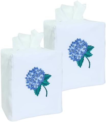 Fabric Tissue Box Cover Set of 2, Vintage Floral Embroidery Hydrangea Tissue Holder, Bouquet Wrapping Bag, Car Tissue Holder, Tissues Box Cover Square 5.9"X5.9"X7", White Square Tissue Box Cover by HCRAFTEmbroidery