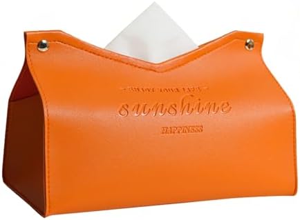 Tissue Box Cover Rectangle, Premium PU Leather Minimalist Tissue Holder with Snap Closure, Modern Decorative Tissue Dispenser for Bathroom Vanity, Bedroom Nightstand, Living Room & Office (Orange) by Beleda