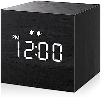 JALL Digital Alarm Clock, with Wooden Electronic LED Time Display, 3 Alarm, 2.5-inch Cubic Small Mini Wood Made Electric Clocks for Bedroom, Bedside, Desk, Black by JALL