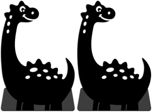 WADORN Cartoon Dinosaur Metal Bookends for Shelves Decorative 1 Pair, Heavy Duty Books End Support Non-Skid Book Holder Black L-Shaped Book Stopper for Home Office Desk Book Divider, 4.7x3.5x7 Inch - Image 2