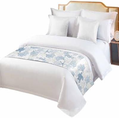 Blue Grey Coastal Bed Runner for Full/Queen Size Bed, Bedspread Protector Slipcover Bed Scarf for Foot Bed Runners & Scarves for Bedroom Hotel Wedding Room 83x20 Sea Turtle Nautical Coral Summer Beach - Image 2