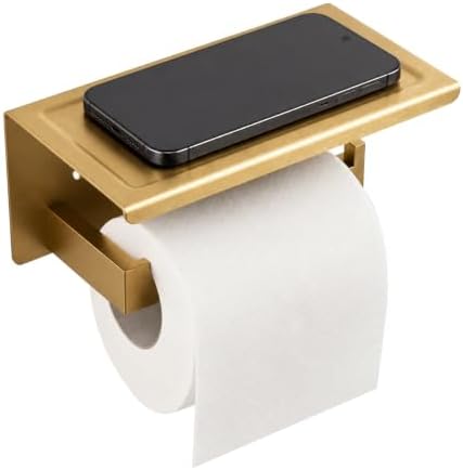 Wall Mounted Toilet Paper Holder with Shelf, 1.5mm, Brushed Gold by Designchangeslife