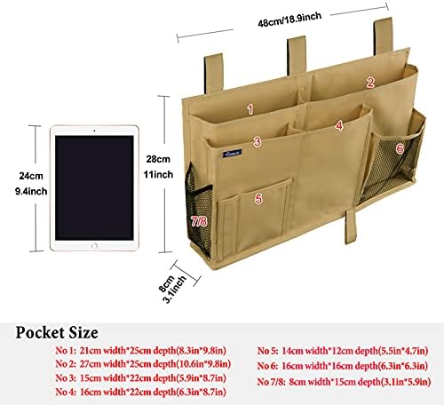 Surblue Bedside Caddy Hanging Bed Organizer Storage Bag Pocket for Bunk and Hospital Beds, College Dorm Rooms Baby Bed Rails,Camp 8 Pockets (Khaki) - Image 5