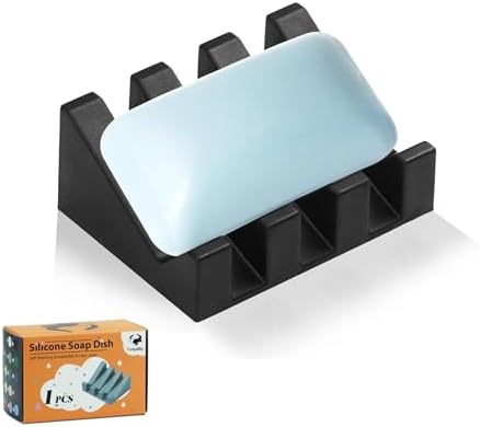 Self Draining Soap Dish Holder,Silicone Soap Dish,for Bathroom,Kitchen, Sponges，Can Extend Soap Life，Keep Soap Bars Dry and Easy Cleaning (Black,1-Pack) by Coipdfty