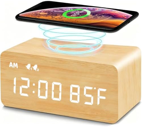 Premium Bamboo Wooden Digital Alarm Clock with Wireless Charging Pad, Time & Temperature Display, Dual Alarms & Snooze, Dimmable, Small LED Desk Clock for Bedroom Nightstand Bedside Living Room Table by MOSITO