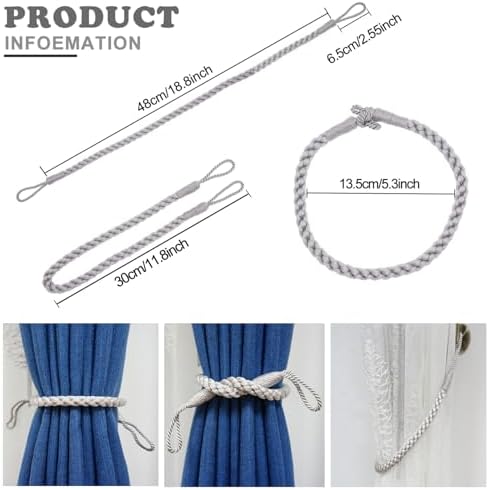 Curtain Tiebacks Ropes, 4pcs Decorative Handmade Tie Backs Curtain Holdbacks Holders Cord for Window Sheer Drapes Indoor Outdoor, Grey - Image 3