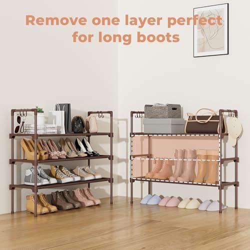 LANTEFUL 3 Tier Shoe Rack for Closet Shoe Organizer with 5 Hooks, Long Shoe Shelf Storage for Shoe and Boot Stackable Free Standing Shoe Rack for Entryway, Garage, Small Spaces, Dorm, Brown - Image 5