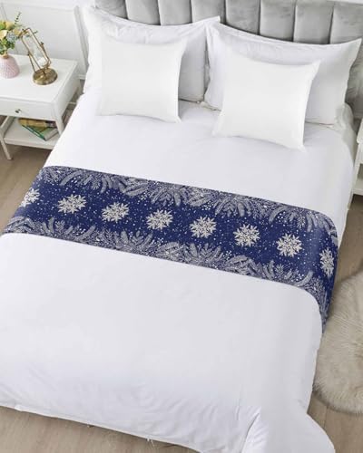 Navy Blue Christmas Bed Runners for Cal King Size Bed, Winter Snowflake Decorative Bed Throws for Foot of Bed, Xmas Botanical Bed Runner Sofa Throw Bedding Scarf Protector Slipcover for Bedroom/Hotel - Image 5