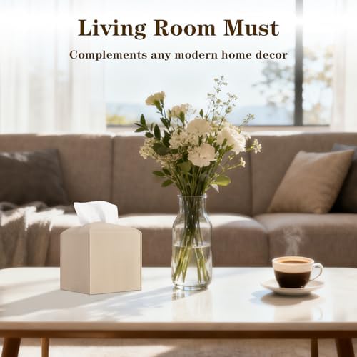 6-Pack Square Tissue Box Cover Holder, Beige PU Leather Decorative Covers for Living Room, Bathroom, Office & Car - Image 2
