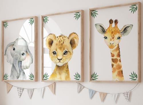 Baby Safari Animals for Girl or Boy Nursery Bedroom, Set of 3 Unframed Wall Art Prints, Jungle Leaves Posters, Nursery Decor Gift, Giraffe Elephant Lion (8x10) by EviepopsPrints