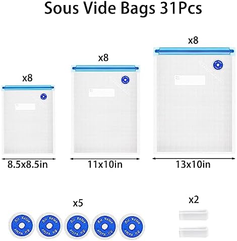 Sous Vide Bags 31 Pcs (24 Pcs Vacuum Zipper Bags & 2 Seal Clips & 5 Air Valves),Reusable BPA Free Vacuum Sealer Bags Vacuum Food Storage Bags for Cooking/Food Storage/Microwave Heating - Image 2