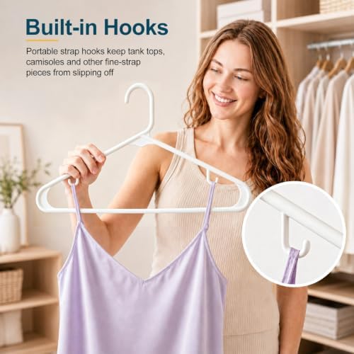 White Plastic Hangers 24 Pack with Non-Slip Built-in Strap Hooks - Image 3