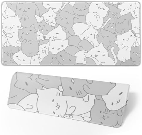 White Kawaii Cats E-Sport Mouse Pad Large Desk Mat Non-Slip Rubber Base Stitched Edge Keyboard Mouse Pad for Office Home E-Sport Computer Laptop, 31.5×11.8 Inches by Brecoy