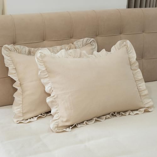 GLORY SEASON Pillow Shams Set of 2 Pure Cotton Champray Ruffled Edge,Thick and Solid Washed Dobby Heavy Fabric (King 20x36 inches) by GLORYSEASON
