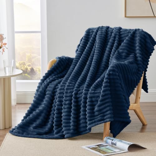BEDELITE Ribbed Twin Blanket for Couch & Bed, Navy, 66"x90" - Image 2