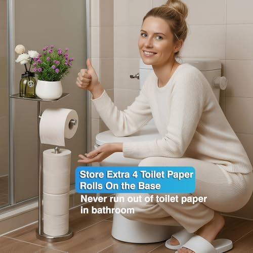 Toilet Paper Holder with Shelf, Freestanding Tissue Paper Stand with Storage Space for Extra 4 Toilet Paper Rolls (Stainless Steel Base, Brushed Nickel) - Image 4