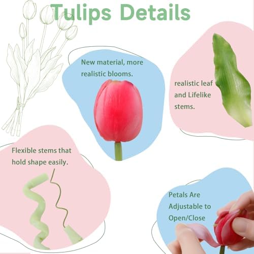 15 Pcs Deep Pink Artificial Tulips Fake Flowers, Premium Latex Lifelike Texture, UV Resistant Waterproof Faux Tulip Bouquets with Snap-on Petals for Outdoor, Home, Wedding Decor - Image 3