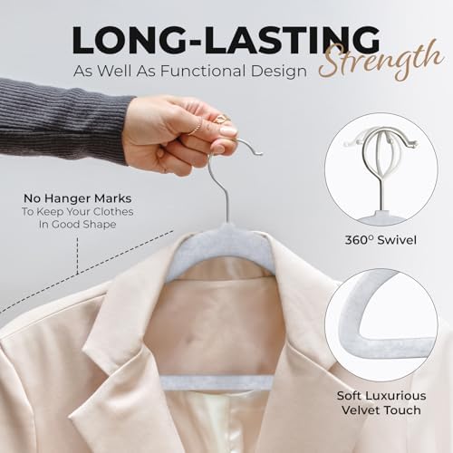 Our Modern Space 100 Pack Velvet Hanger for Shirt Pants Dresses Skirts Suits Jackets - Slim Space Saving Design - Standard Coat Hanger - Sturdy & Durable Design with Shoulder Grooves Hook - Image 4