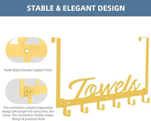 Azmoncy Over The Door Hooks, Towel Hook Towel Rack for Bathroom Towel Holder for Hanging Heavy Duty, Wall Mount Towel Hanger with 6 Hooks for Bedroom Bathroom Kitchen Towels, Bag, Coats, Hats(Gold) - Image 4