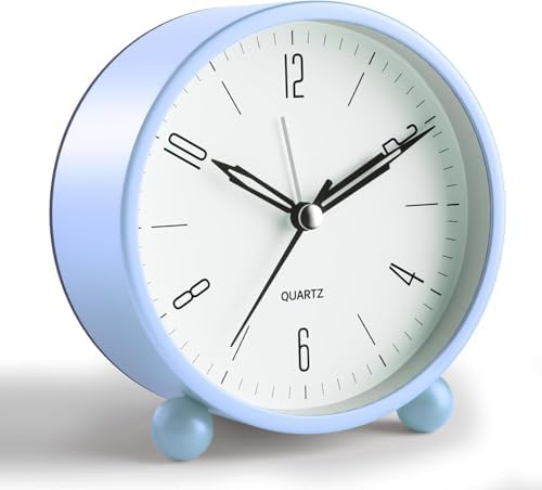 Analog Alarm Clock, 4 inch Super Silent Non Ticking Small Clock with Night Light, Battery Operated, Simple Design, Old fashioned Style SkyBlue decor, for Bedroom, Bedside, Desk, Adult, Gift, Blue by JALL