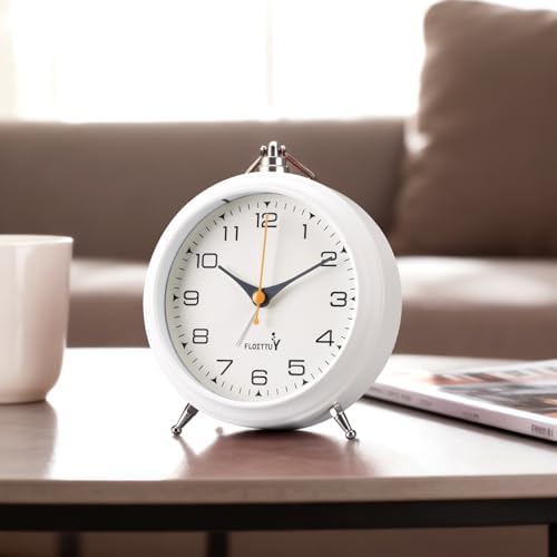 FLOITTUY 4.5" Battery Operated Antique Retro Analog Metal Alarm Clock, Silent Bedside Desk Clock, Wall-Hanging Vintage Clock(White) - Image 4