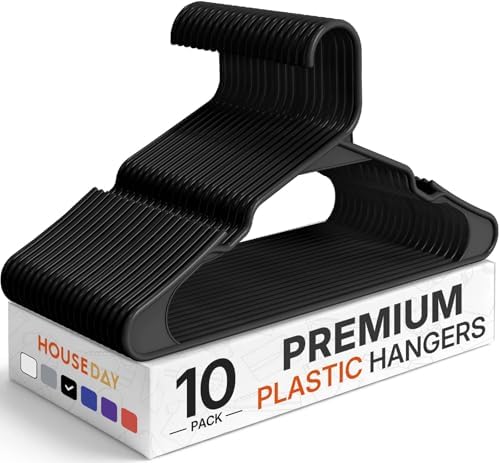 HOUSE DAY Black Plastic Hangers 10 Pack – Slim Space Saving Clothes Hangers by HOUSEDAY