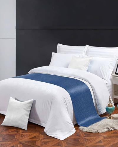 Retro Farm Linen Flax Bed Runners for Bedroom Hotel,Decorative Bedding Scarf Blue Solid Color Ocean Bed End Blanket Bedding Runner Scarves for Queen Size Bed,94x20in - Image 4