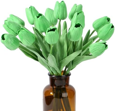SITUMEIZI 15pcs Green Tulips Fake Artificial Flowers Real Touch 14" PU Flower for St Patricks Day Home Decor Easter Spring Wedding Bouquet Decorations Mother's Gift Day Floral Arrangements by SITUMEIZI