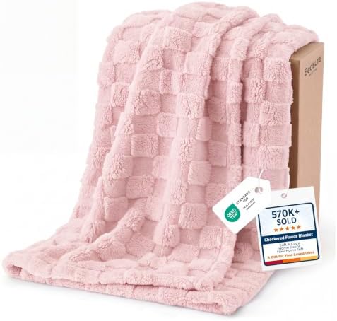 Bedsure Checkered Fleece Throw Blankets for Bed/Couch, Baby Pink,50"×70" by BEDSURE