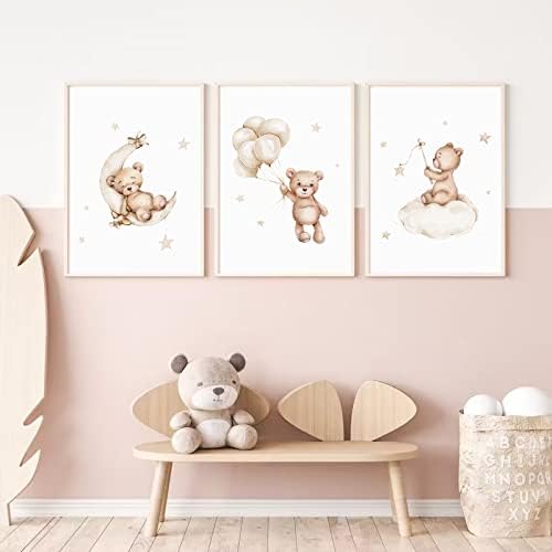 Baccone Bear Nursery Wall Art Decor Set of 3 Teddy Bear Canvas Wall Art Baby Boy Nursery Decor Prints Neutral Pictures Moon Star Cloud Print for Girls Children Room 12x16 Inch Unframed - Image 4