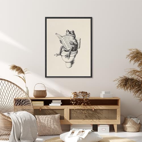 RINMFEO Funny Frog Bathroom Canvas Art Retro Frog on Toilet Reading Newspaper Quirky Wall Decor Playful Animal Poster 16x24inch Black frame - Image 7